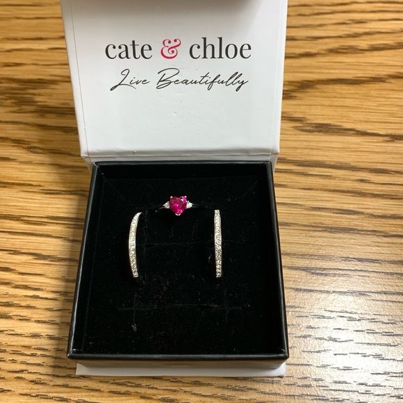 Set of Silver Hoop Earrings & Ring with Fuchsia Heart - Picture 2 of 11